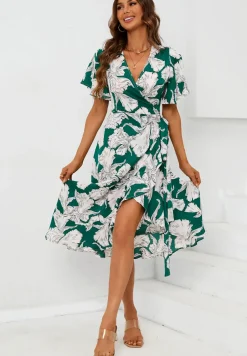 Printed Angel Sleeve Wrap Dress