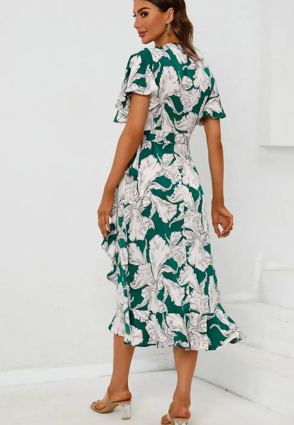 Printed Angel Sleeve Wrap Dress