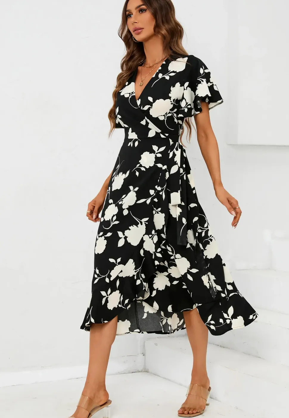 Printed Angel Sleeve Wrap Dress