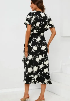 Printed Angel Sleeve Wrap Dress