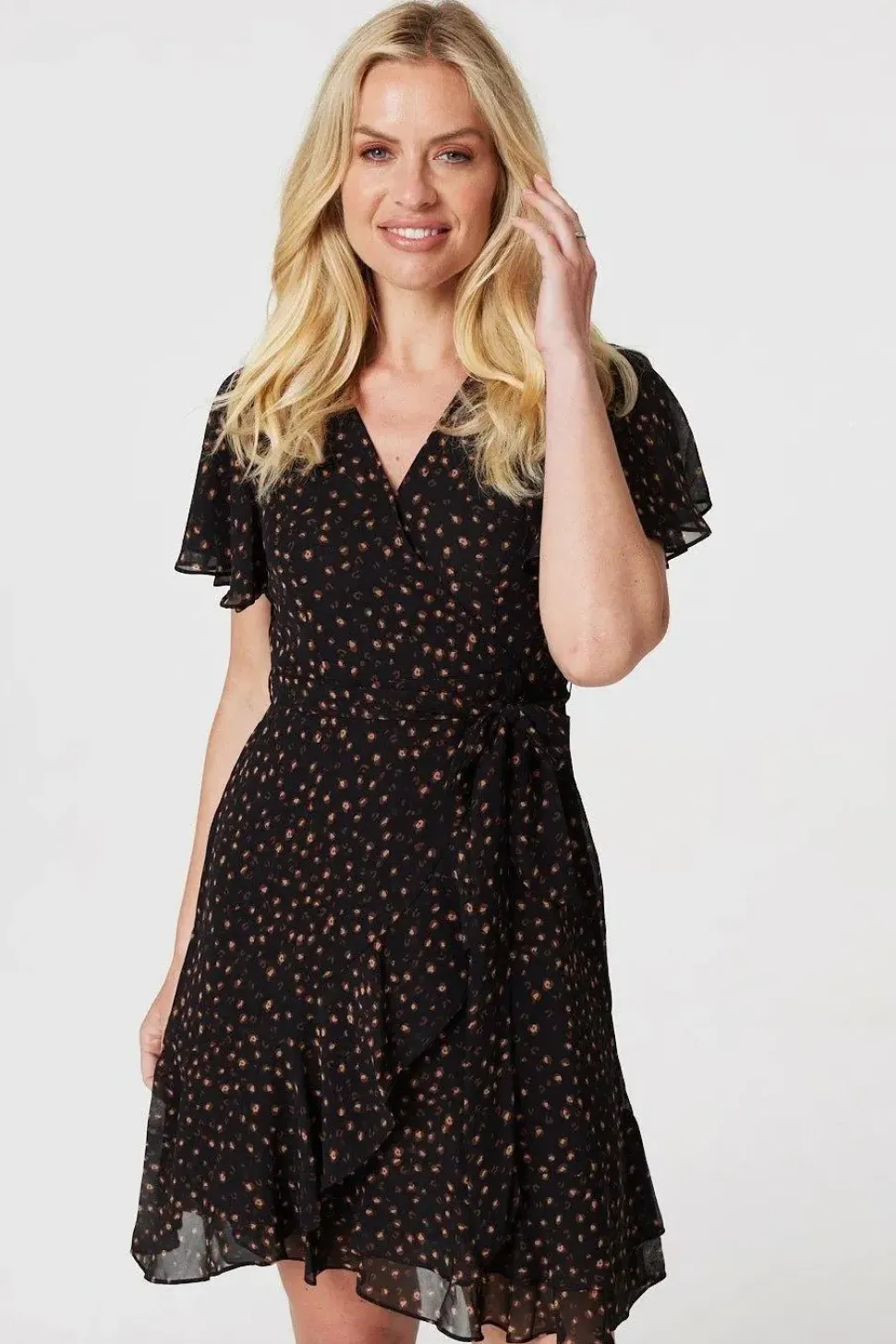 Printed Angel Sleeve Wrap Dress
