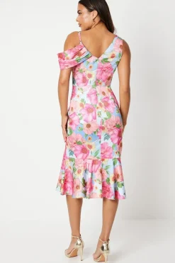 Printed Asymmetric Drape Detail Satin Midi Dress
