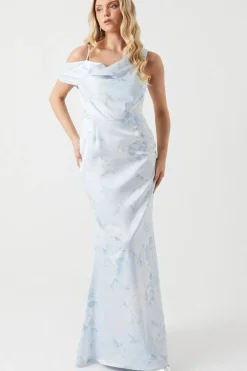 Printed Asymmetric Sleeve Bridesmaid Dress