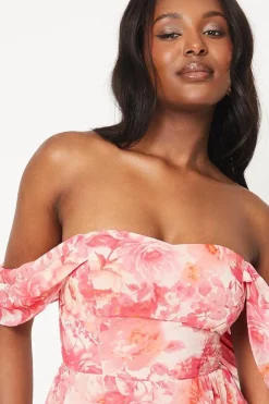 Printed Bardot Georgette Midi Dress