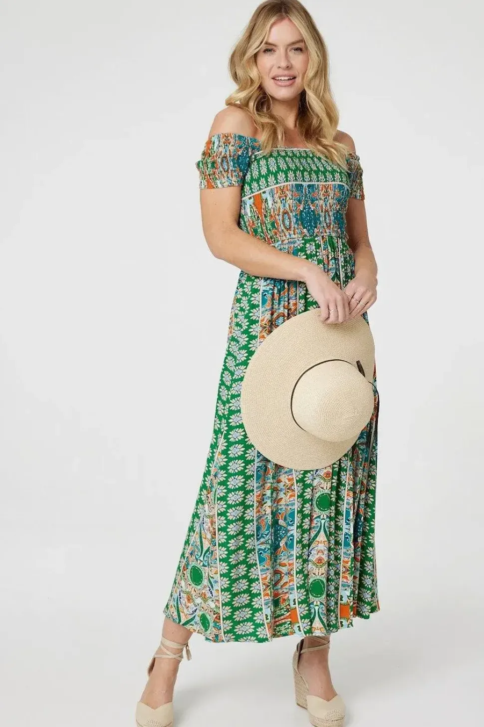 Printed Bardot Smocked Maxi Dress