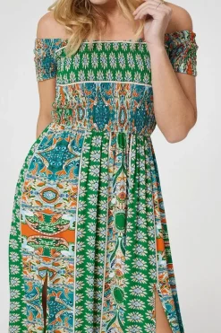 Printed Bardot Smocked Maxi Dress