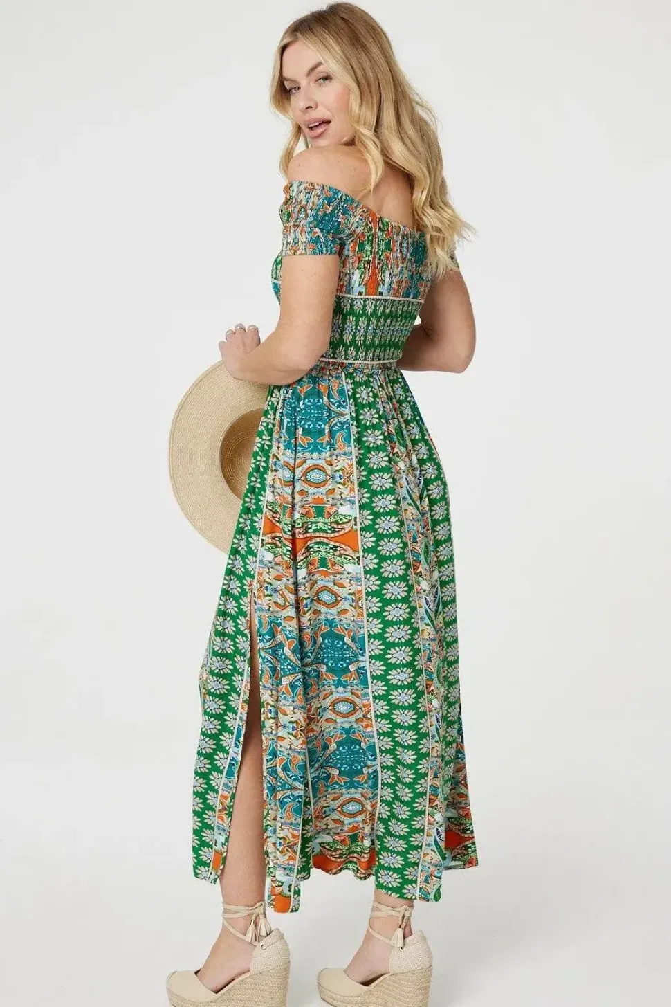 Printed Bardot Smocked Maxi Dress