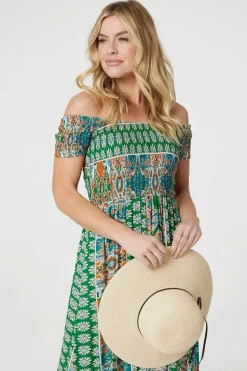 Printed Bardot Smocked Maxi Dress