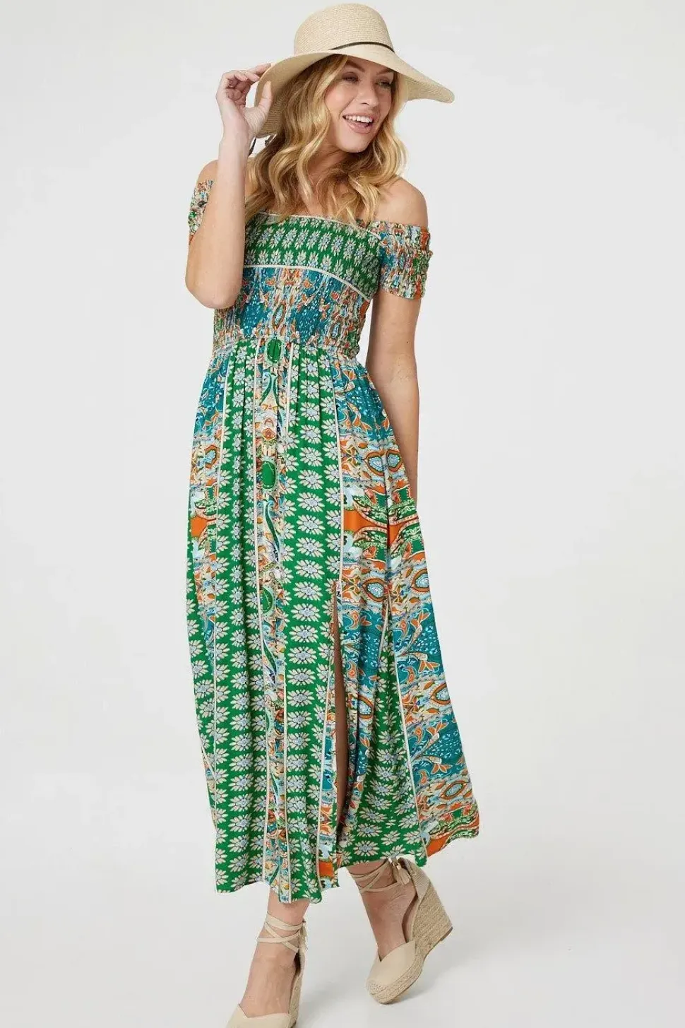 Printed Bardot Smocked Maxi Dress