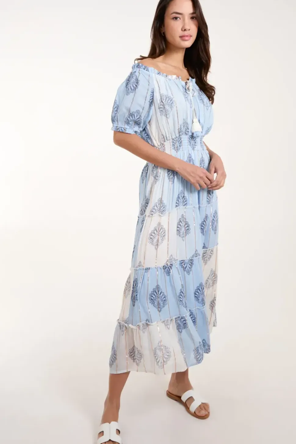 Printed Bardot Tassel Midi Dress