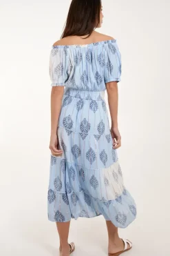 Printed Bardot Tassel Midi Dress