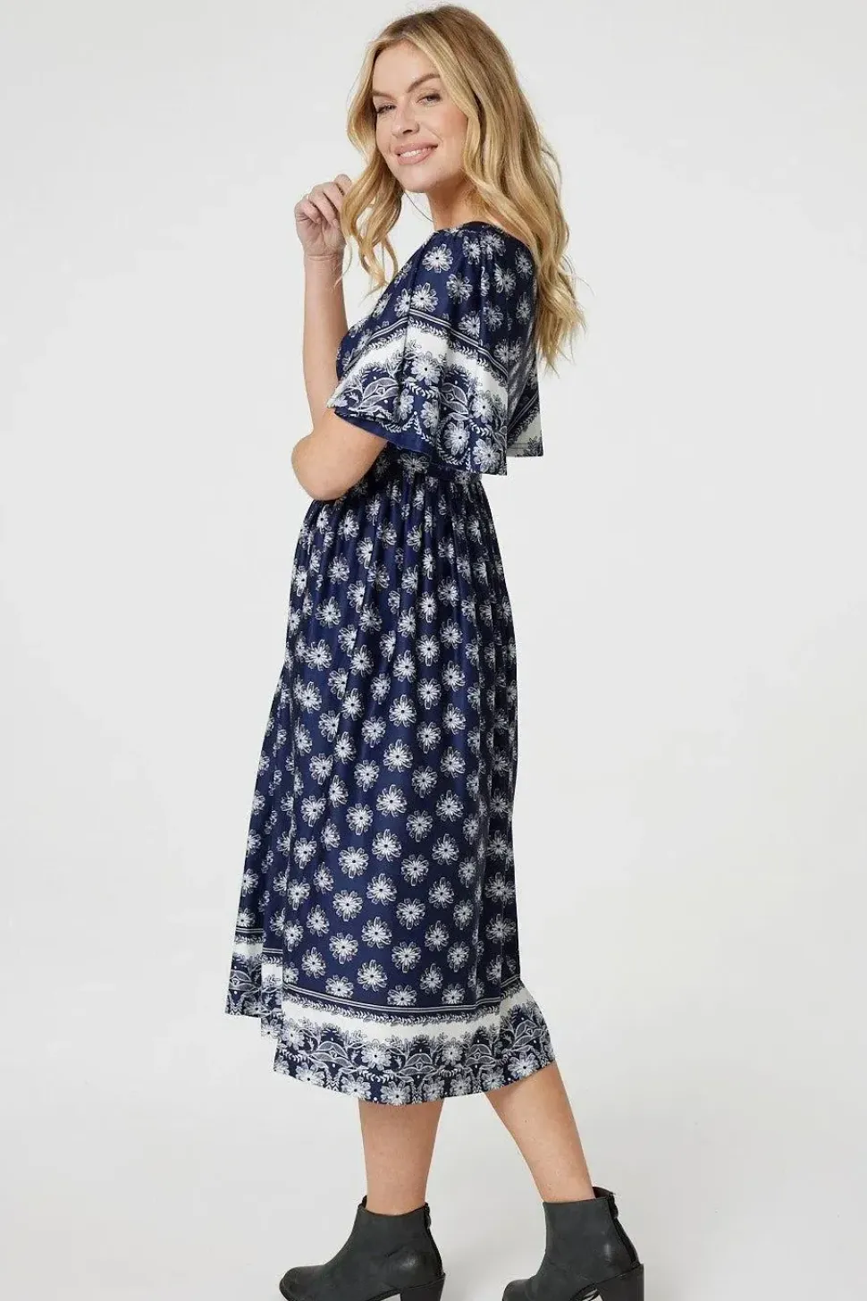 Printed 1/2 Batwing Sleeve Midi Dress