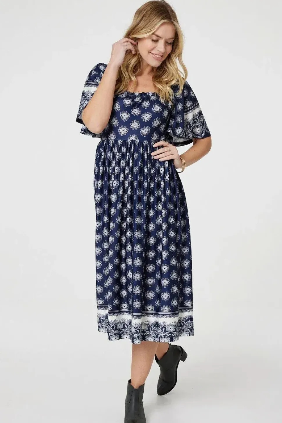 Printed 1/2 Batwing Sleeve Midi Dress