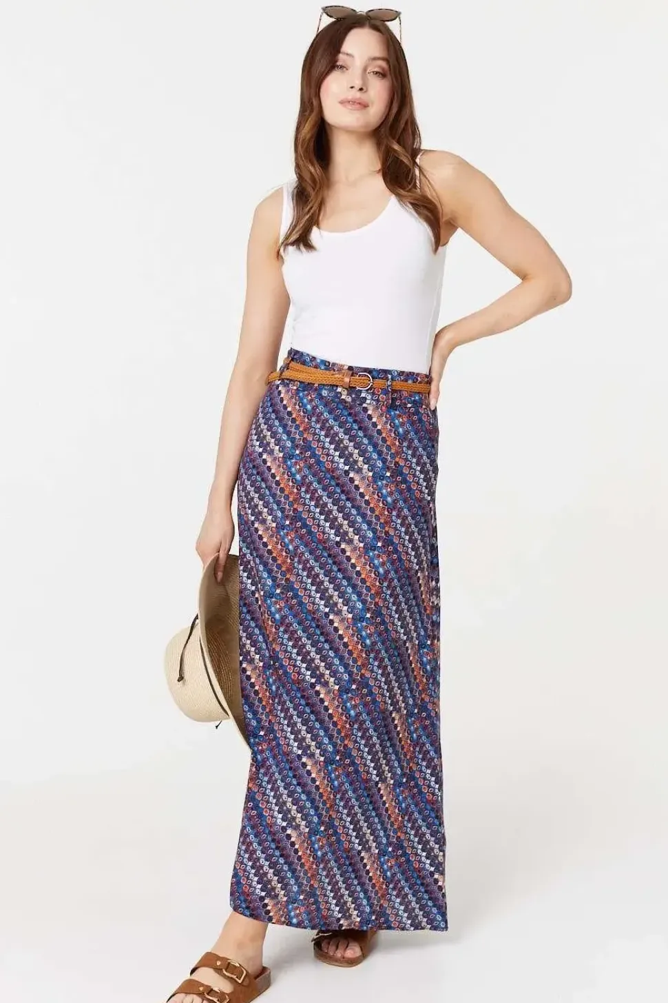 Printed Belt Detail Maxi Skirt