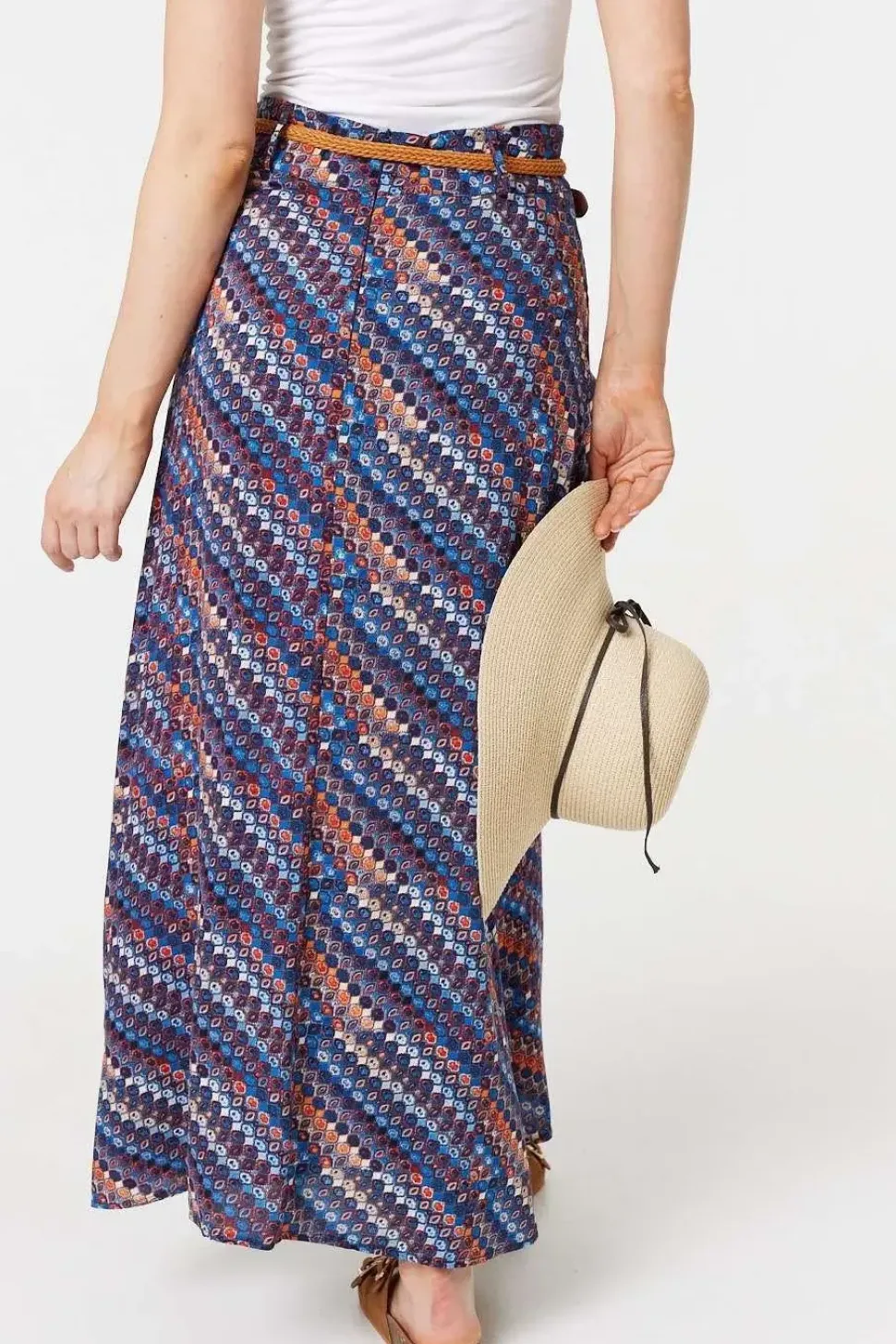 Printed Belt Detail Maxi Skirt