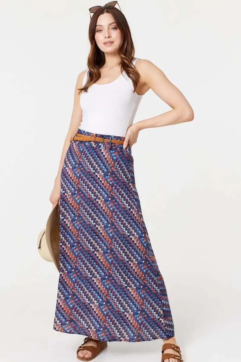 Printed Belt Detail Maxi Skirt