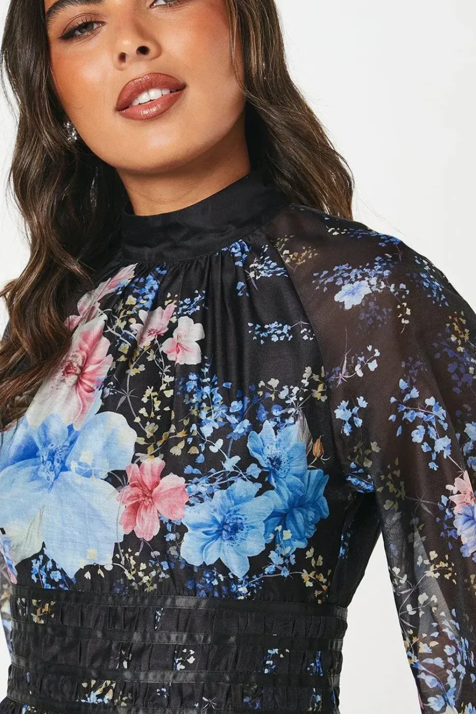 Printed Blouson Sleeve Organza Midi Dress