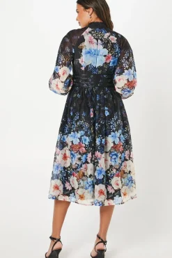 Printed Blouson Sleeve Organza Midi Dress