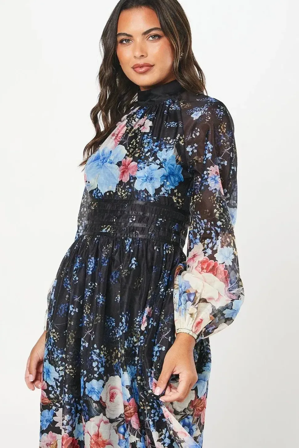 Printed Blouson Sleeve Organza Midi Dress