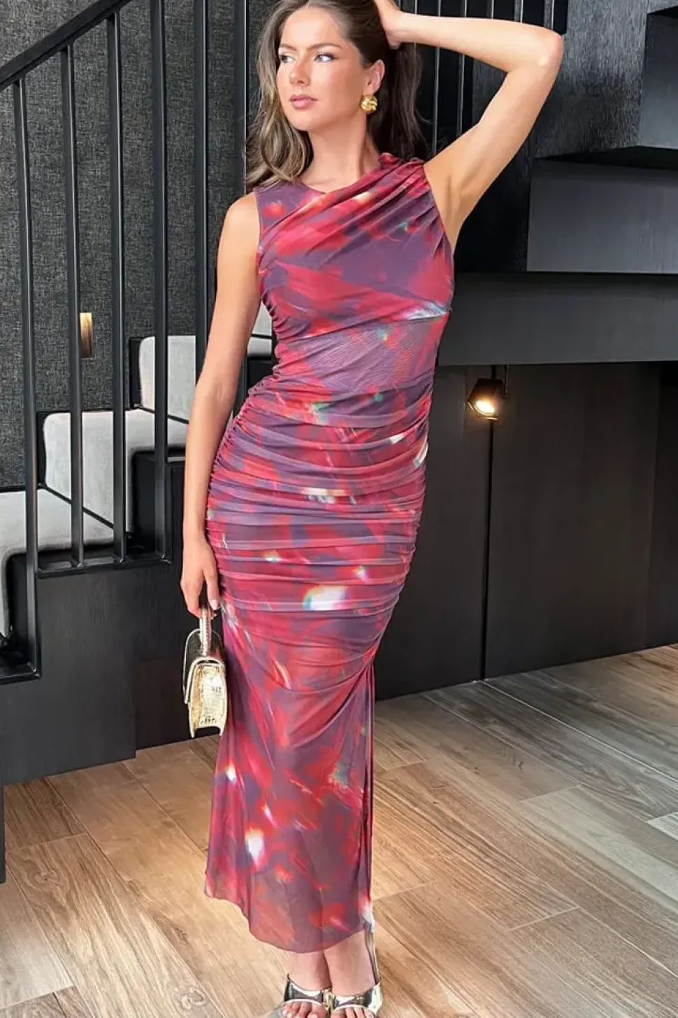 Printed Bodycon Ruched Mesh Midi Dress
