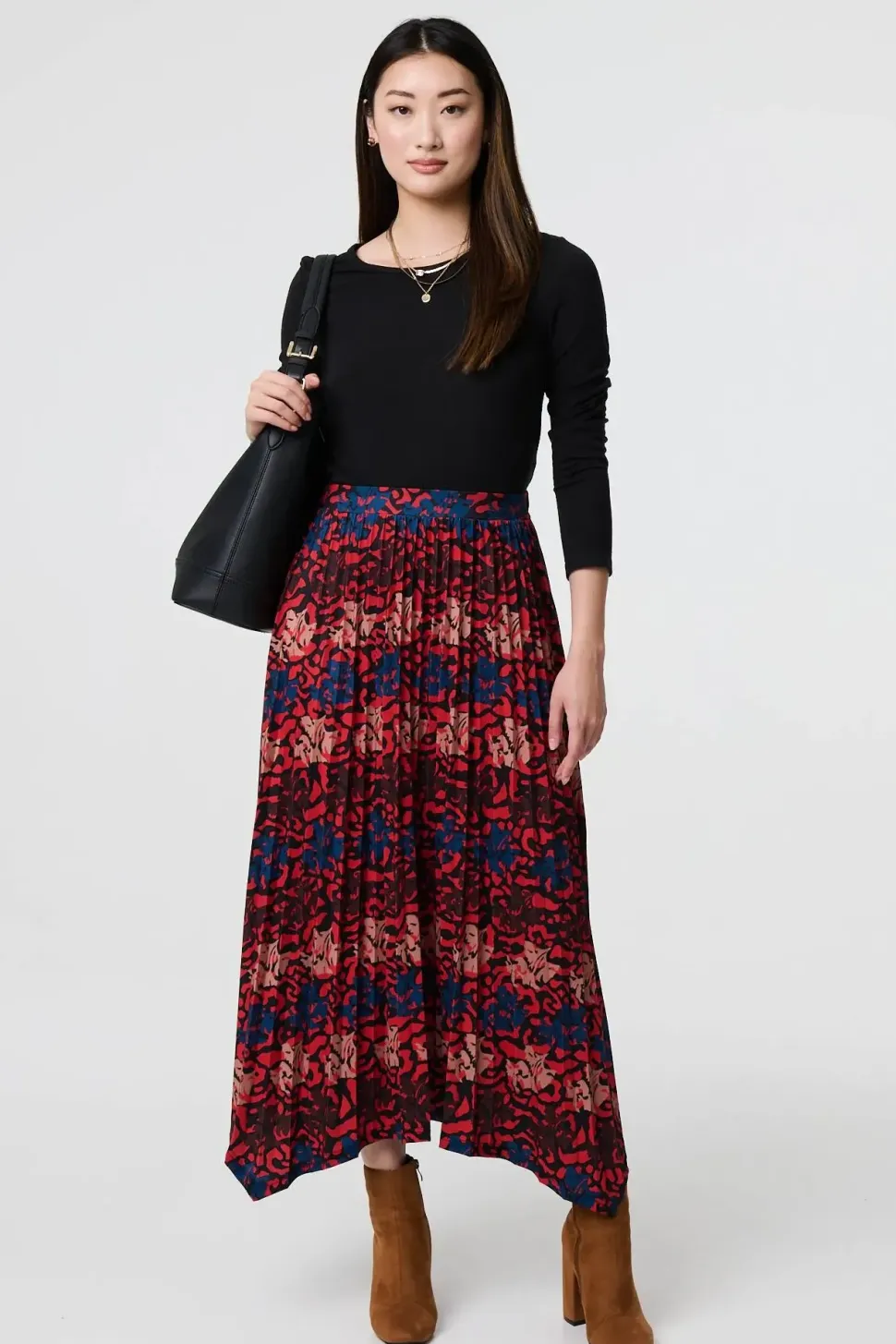 Printed Box Pleat Hanky Hem Midi Skirt