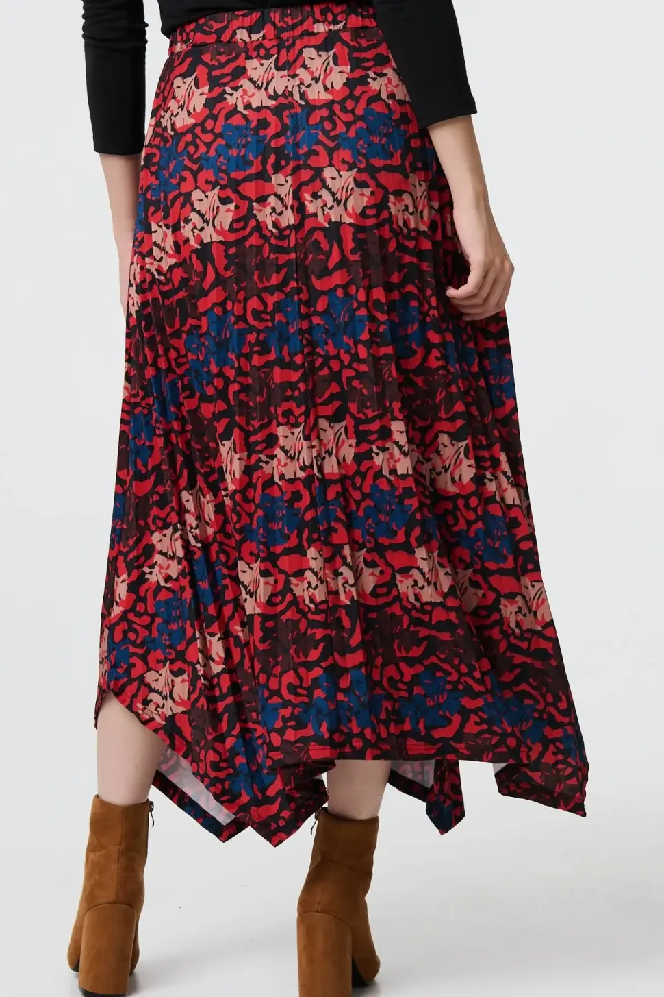 Printed Box Pleat Hanky Hem Midi Skirt