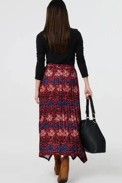 Printed Box Pleat Hanky Hem Midi Skirt