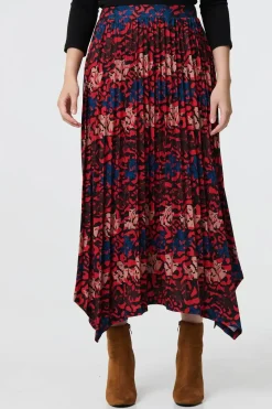 Printed Box Pleat Hanky Hem Midi Skirt