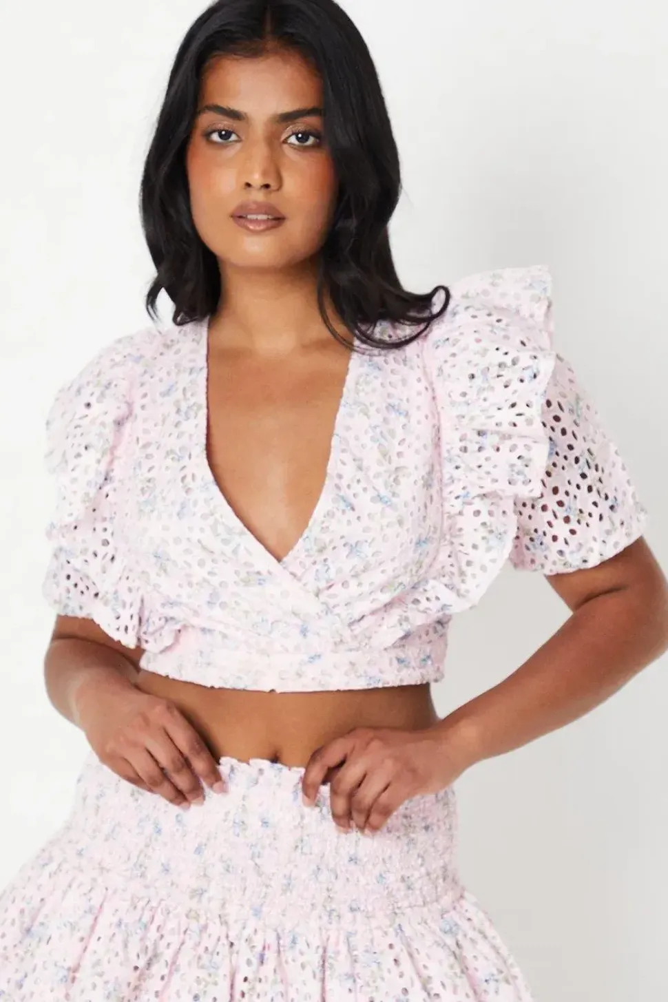 Printed Broderie Lace Trim Ruffle Wrap Top