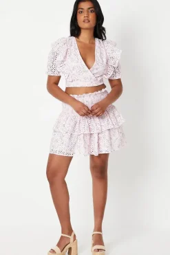 Printed Broderie Lace Trim Ruffle Wrap Top