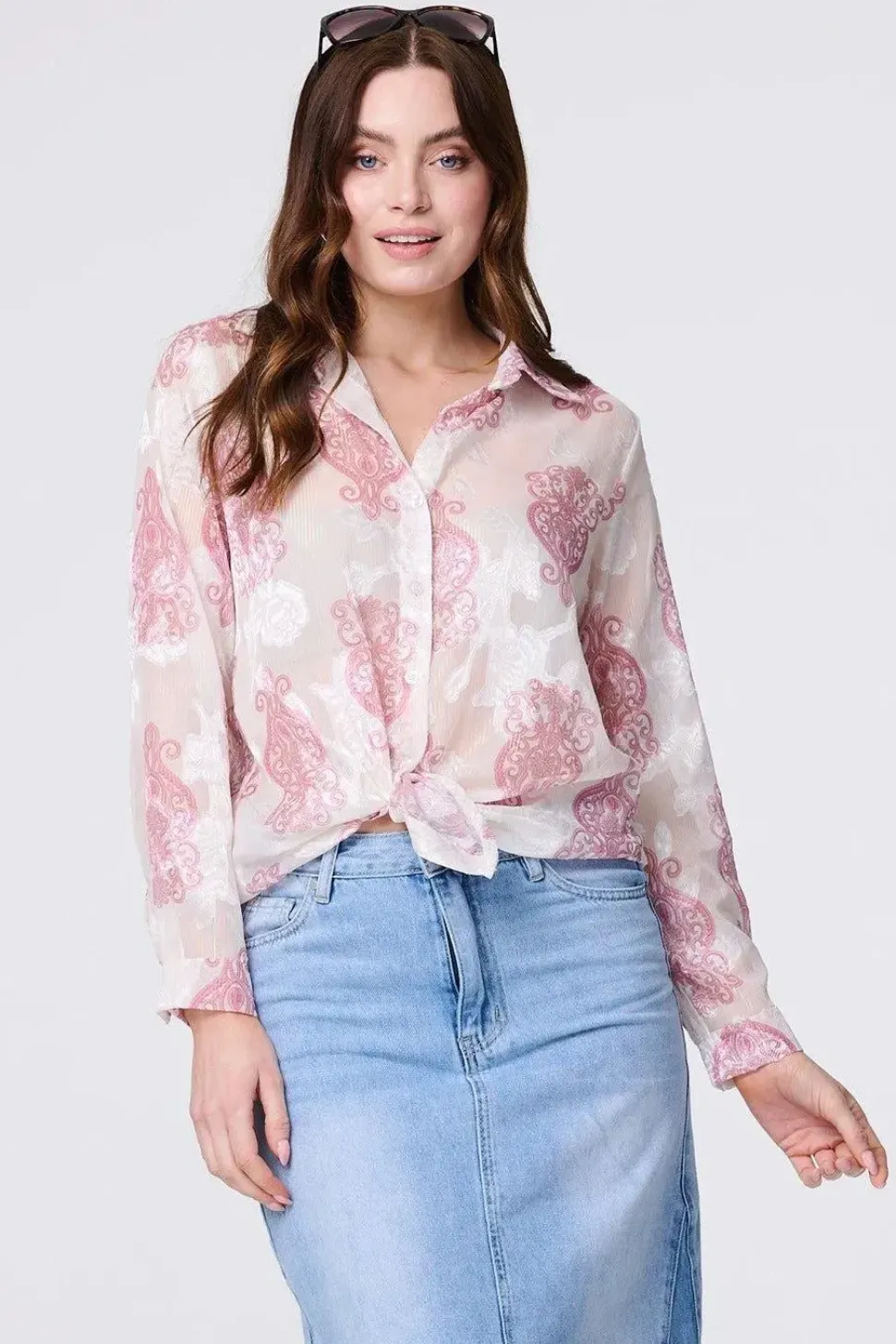 Printed Button Down Tie Front Shirt
