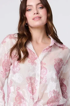 Printed Button Down Tie Front Shirt