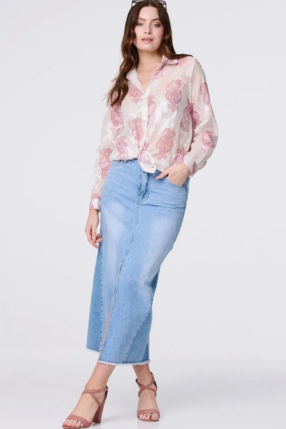Printed Button Down Tie Front Shirt