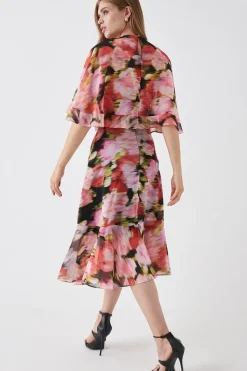Printed Cape Ruffle Detail Midi Dress