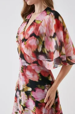 Printed Cape Ruffle Detail Midi Dress