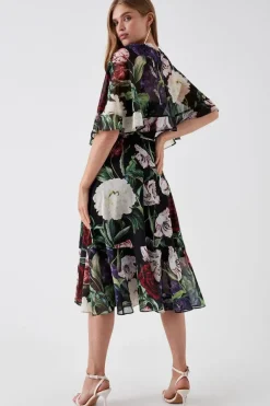 Printed Cape Ruffle Detail Midi Dress