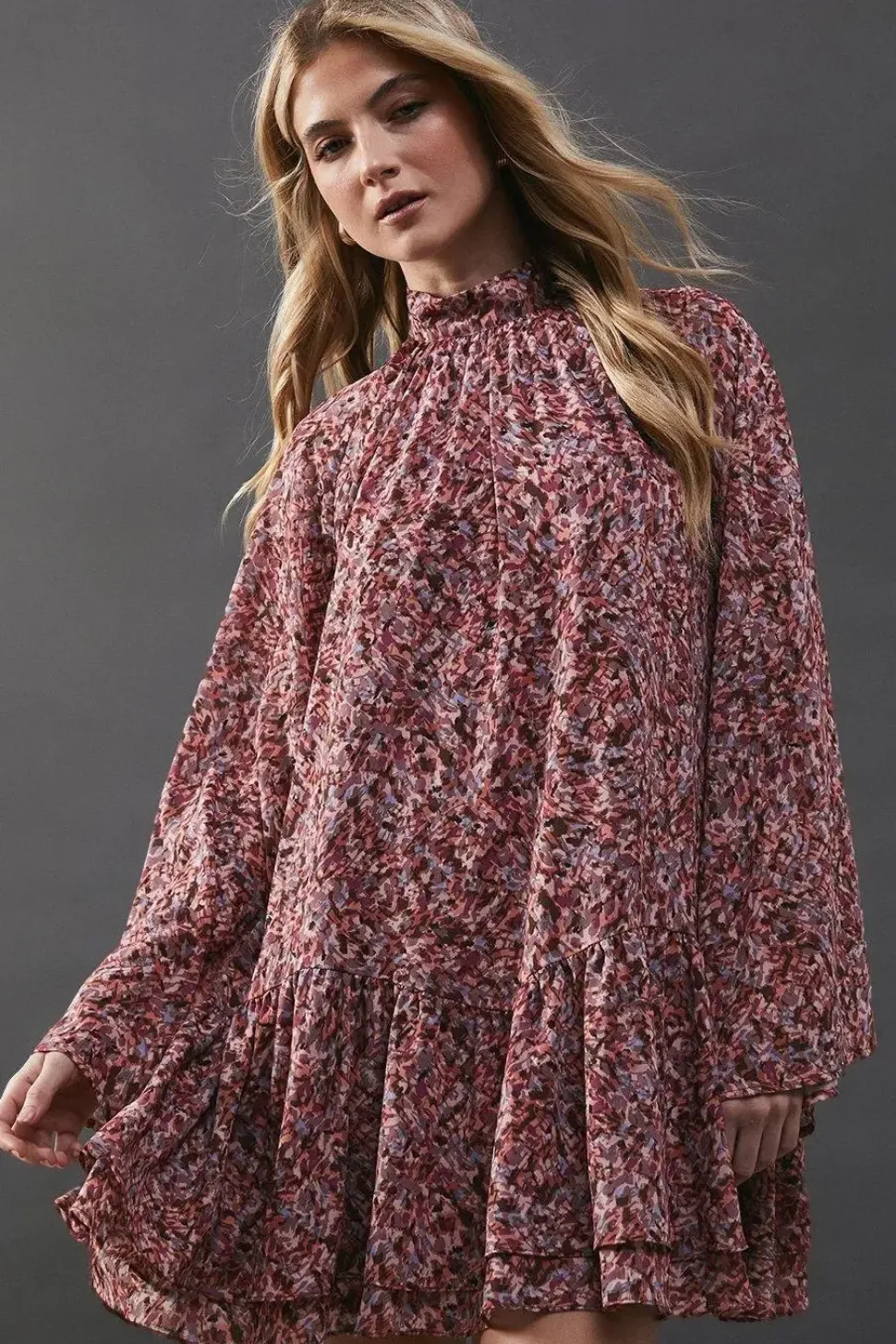 Printed Chiffon Drop Hem High Neck Flare Sleeve Mini Swing Dress