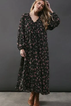 Printed Chiffon Gathered Neck Trapeze Midi Dress