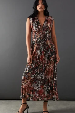 Printed Chiffon Pleated Plunge Neck Lattice Front Midi Dress