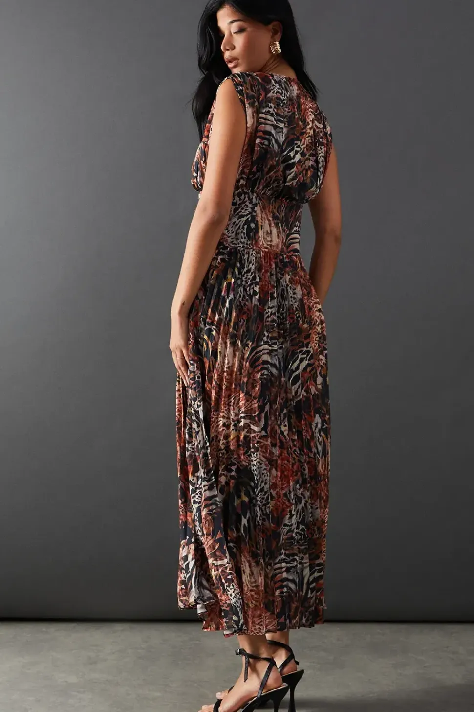Printed Chiffon Pleated Plunge Neck Lattice Front Midi Dress