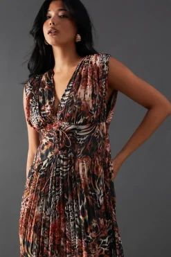 Printed Chiffon Pleated Plunge Neck Lattice Front Midi Dress