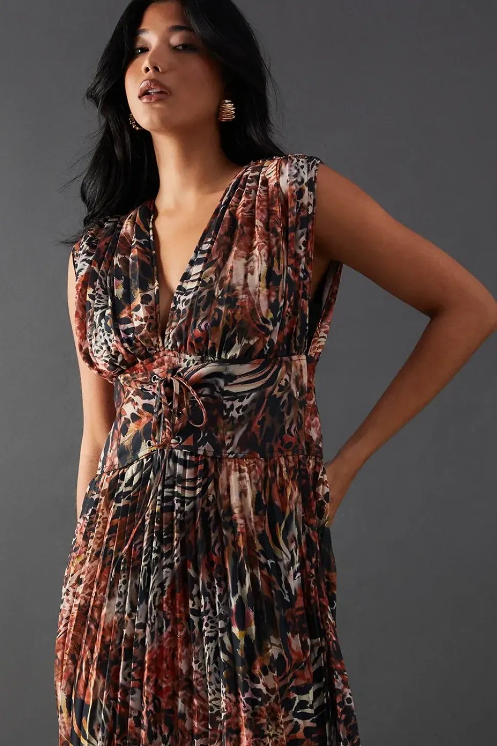 Printed Chiffon Pleated Plunge Neck Lattice Front Midi Dress