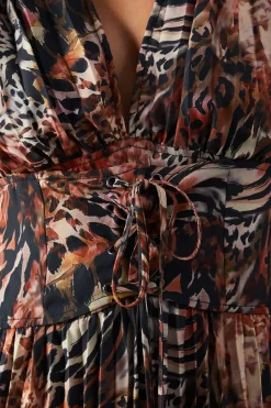 Printed Chiffon Pleated Plunge Neck Lattice Front Midi Dress