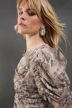 Printed Chiffon Puff Sleeve Seam Detail Midi Dress