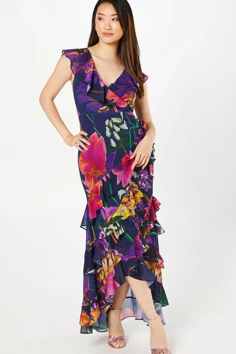 Printed Chiffon Ruffle Maxi Wedding Guest Dress