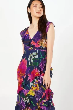 Printed Chiffon Ruffle Maxi Wedding Guest Dress