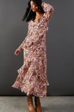Printed Chiffon Ruffle Seam V Neck Midi Dress