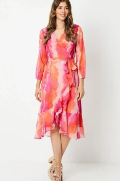 Printed Chiffon Ruffle Wrap Midi Dress