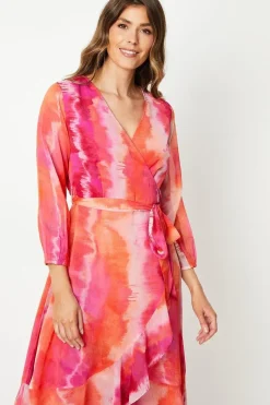Printed Chiffon Ruffle Wrap Midi Dress