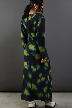 Printed Chiffon Slash Neck Batwing Column Maxi Dress